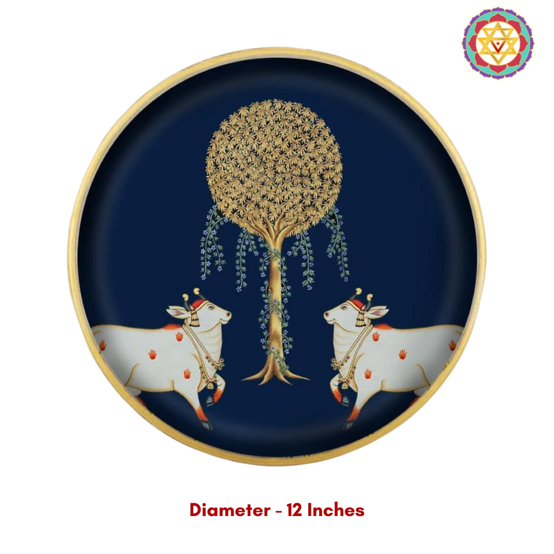 Hand-painted Pichwai cow wall plate with tree of life design. Decorative artwork for Pichwai wall art or pooja space styling.
