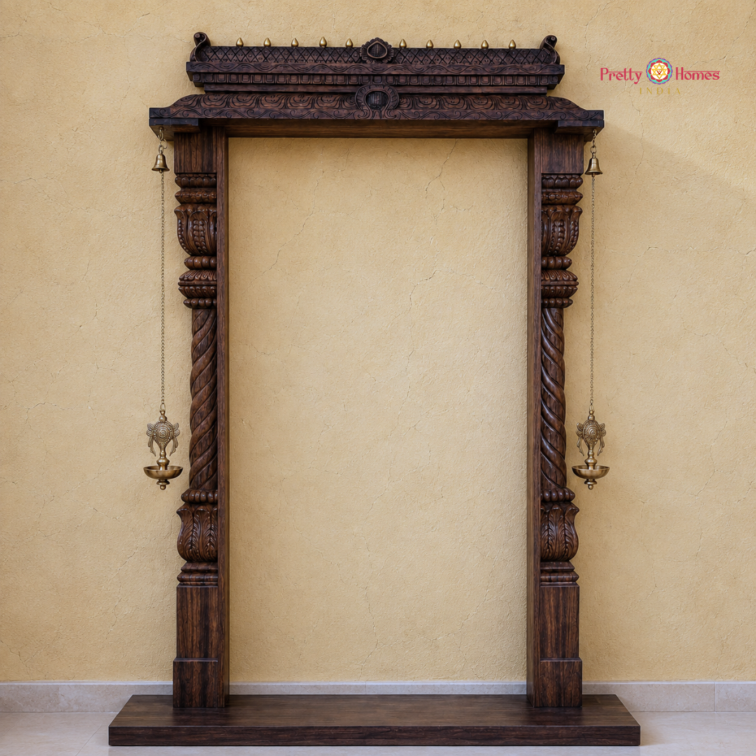 Wood-Carved Chettinad Gopuram with Lotus Half Pillars