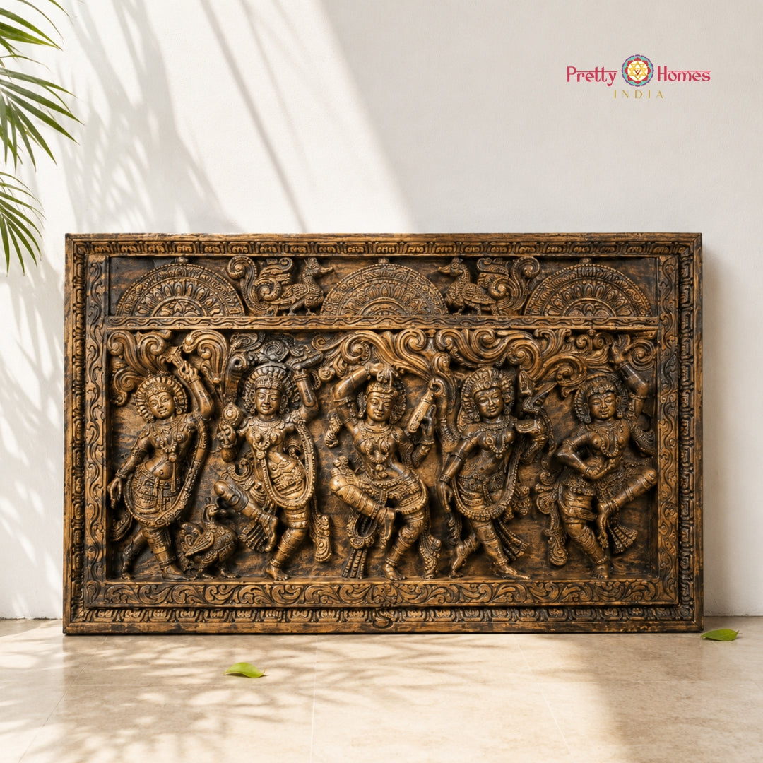 Horizontal Handcarved Khajuraho-Inspired Apsara Wooden Panel