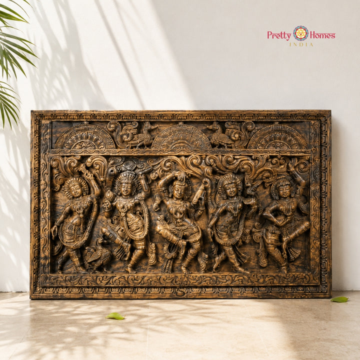 Horizontal Handcarved Khajuraho-Inspired Apsara Wooden Panel