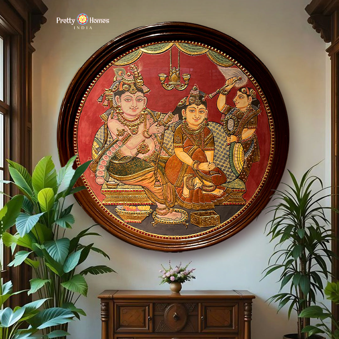 vintage round handmade tanjore krishna braiding radha hair full artwork with 24k gold and teak frame