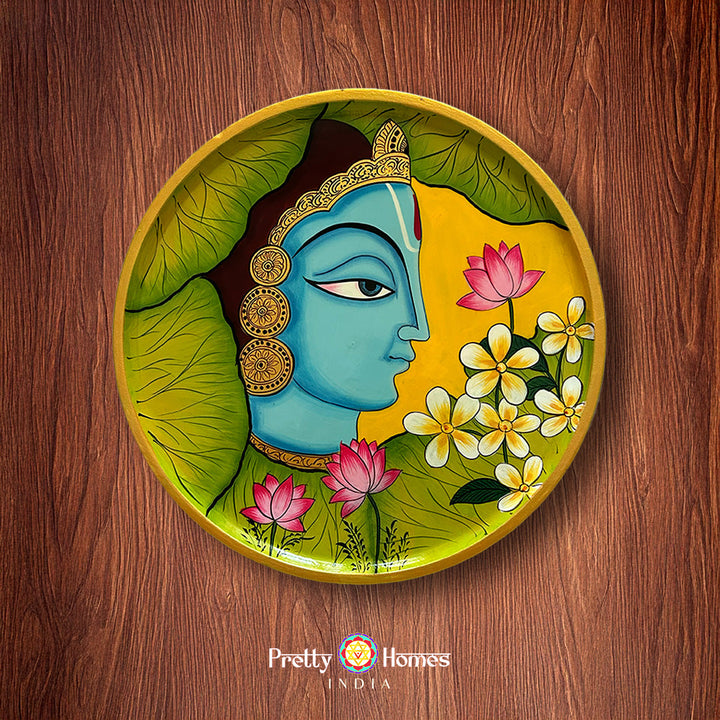 Hand painted wall plate with Krishna and flowers, pichwai paintings krishna