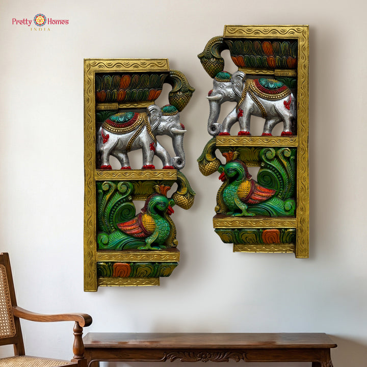 Set of 2 Vertical Carved Panels – Elephant with Annapakshi
