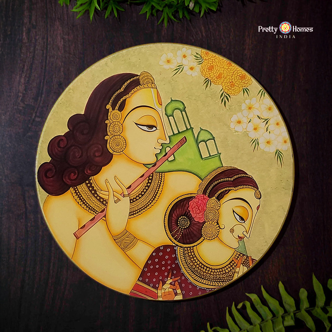 Krishna with Radha flute pichwai wall plate handpainted in aesthetic style