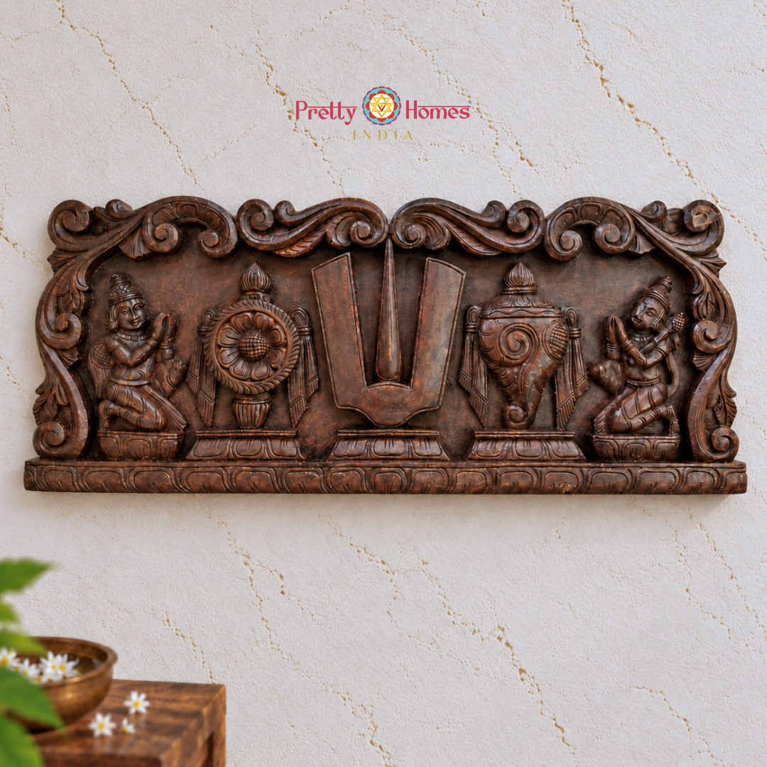 Handcrafted Shankha Chakra Namam Horizontal Wooden Panel with Garuda & Hanuman