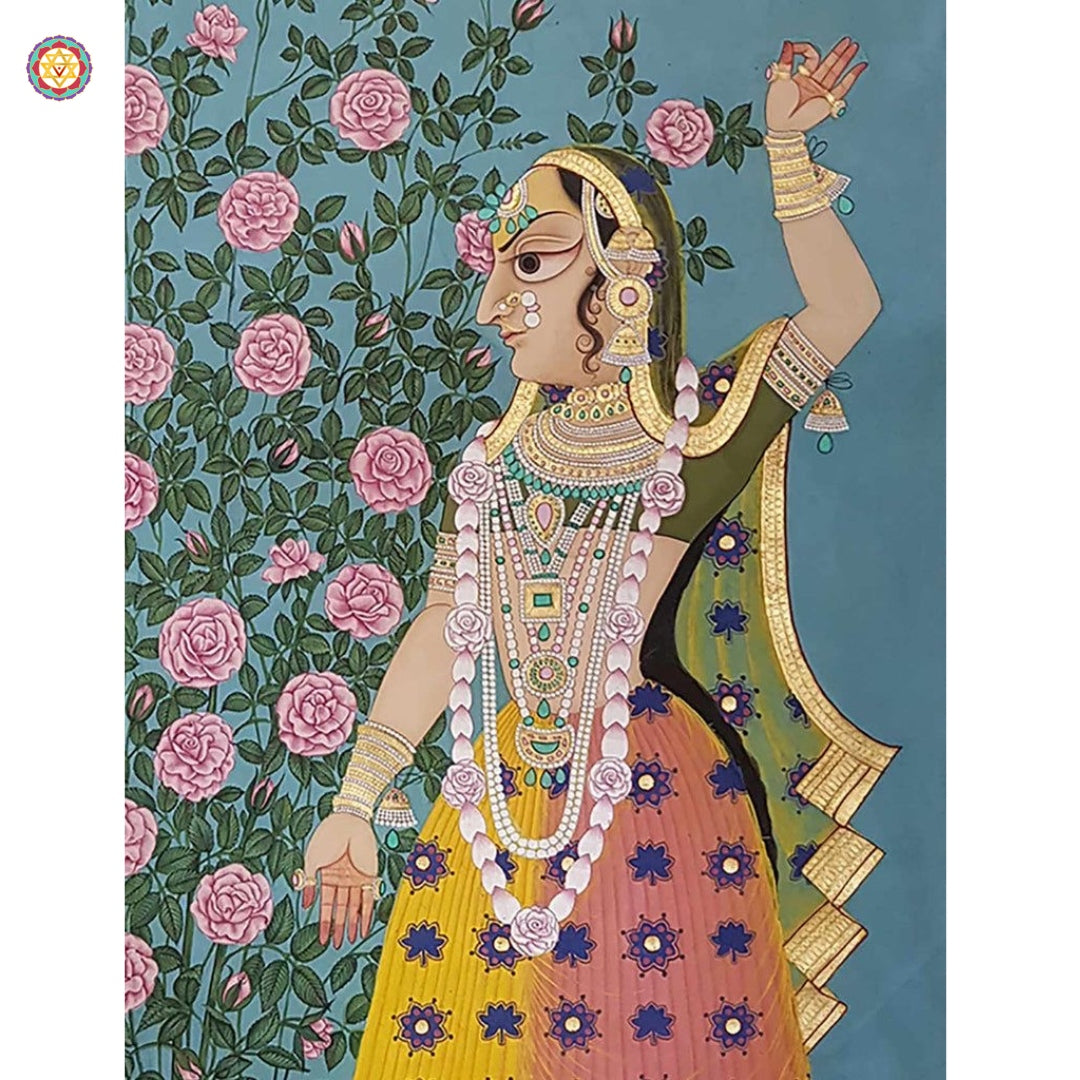 Front view of Pichwai Gopikas artwork — fine detailing of figures and attire, devotional painting on fabric