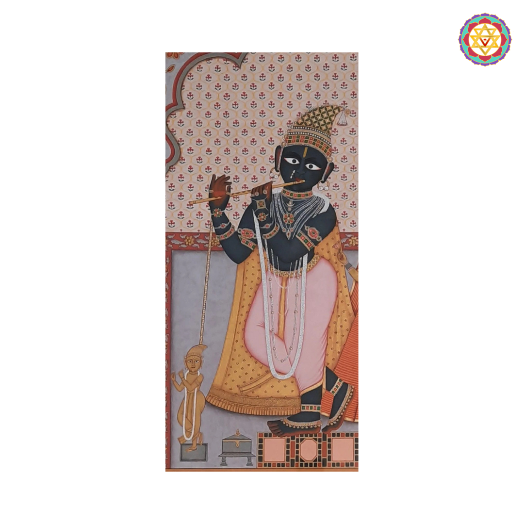 A beautifully hand-painted depiction of Radha and Lord Govind, celebrating divine love and spiritual harmony.