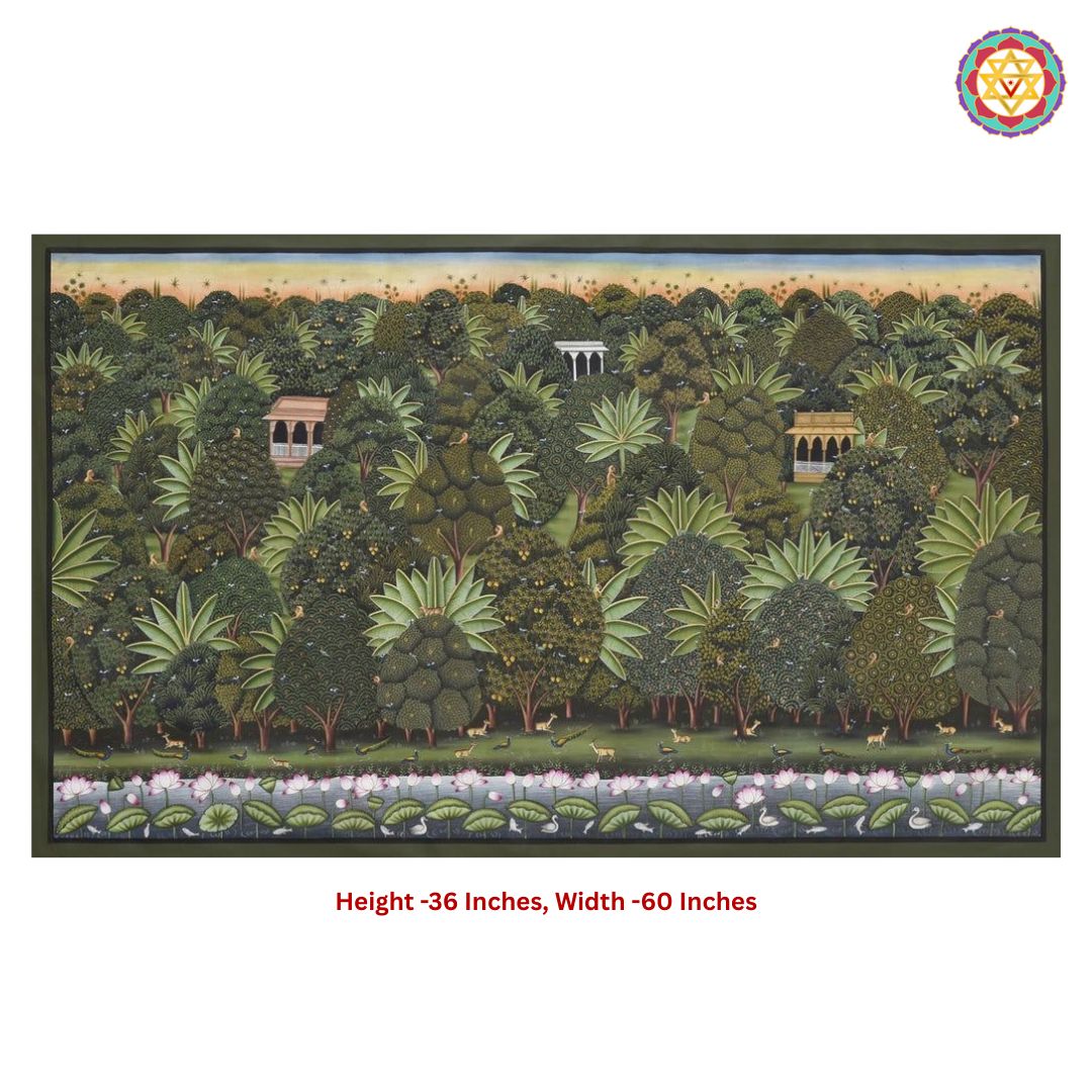 horizontal handpainted pichwai tranquil forest scene with lotus pond detailed close-up of lotus pond and forest greenery