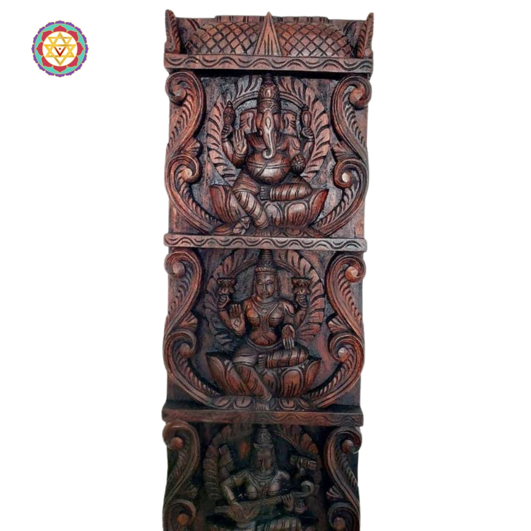 artistic vertical wooden panel with detailed annapakshi carvings