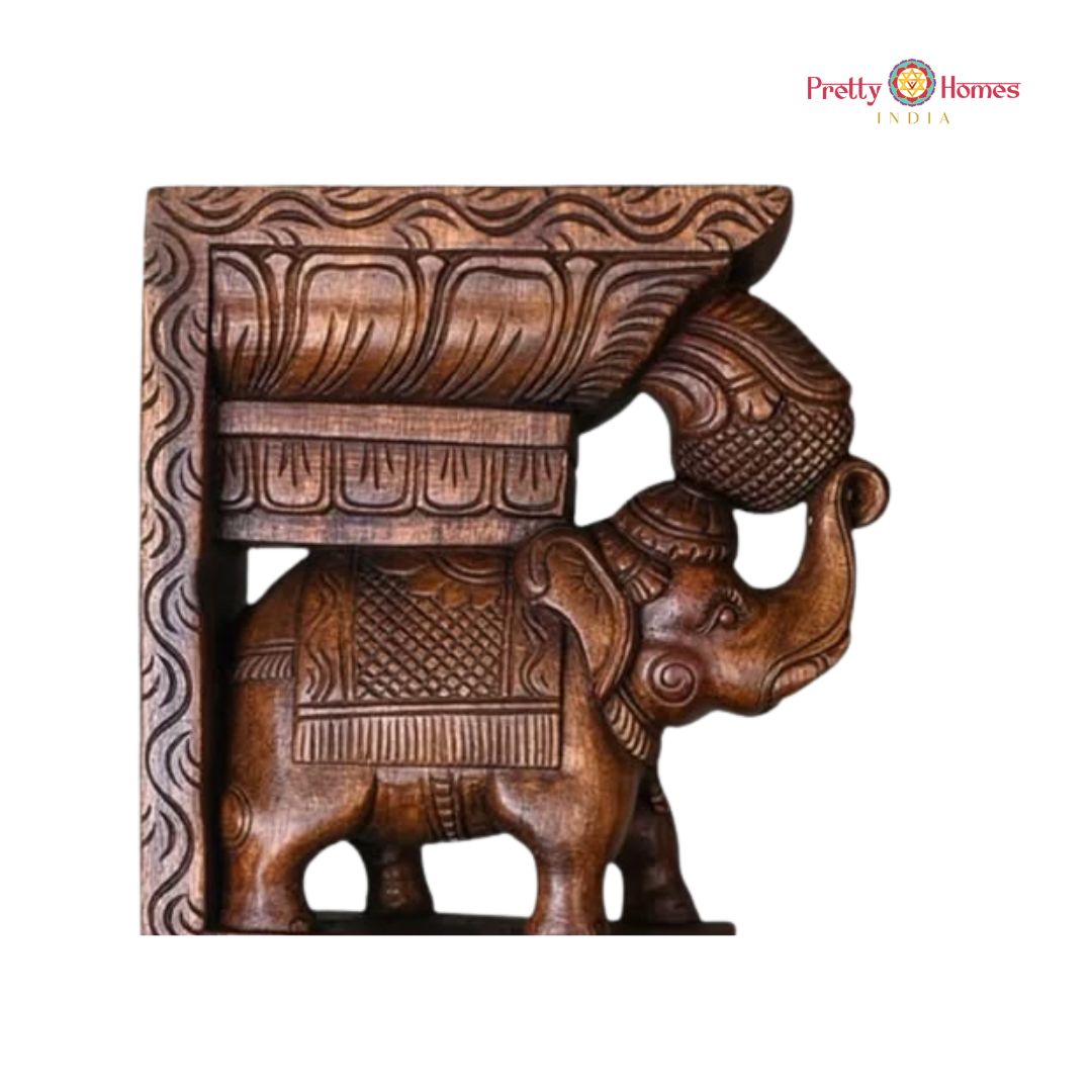 Handcarved Trunk-Up Elephant Bracket with Peacocks (Single)