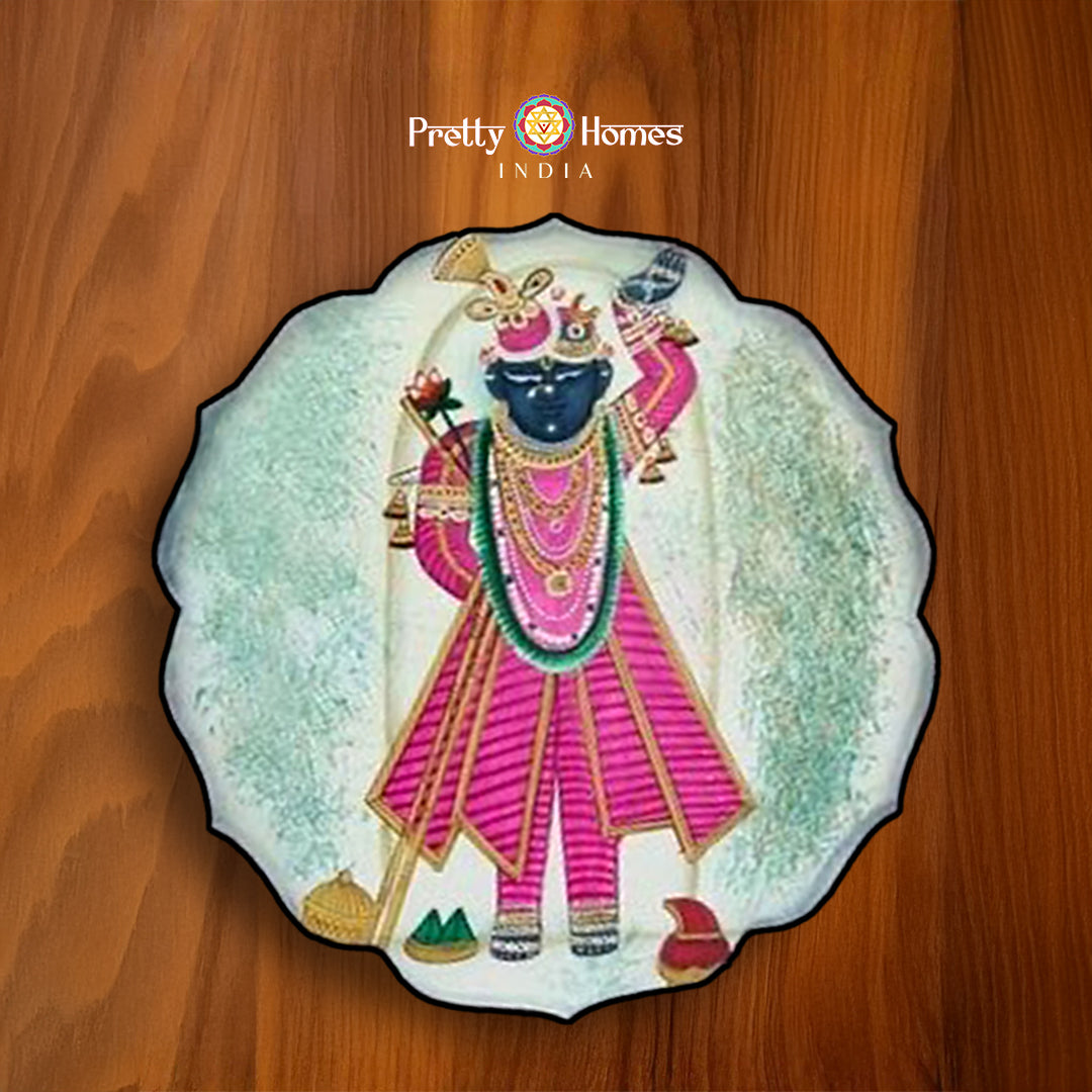 Petal Shaped Shrinathji Pichwai Wall Plate – Hand-Painted Indian Decor – hand-painted wooden plate for Indian wall decor