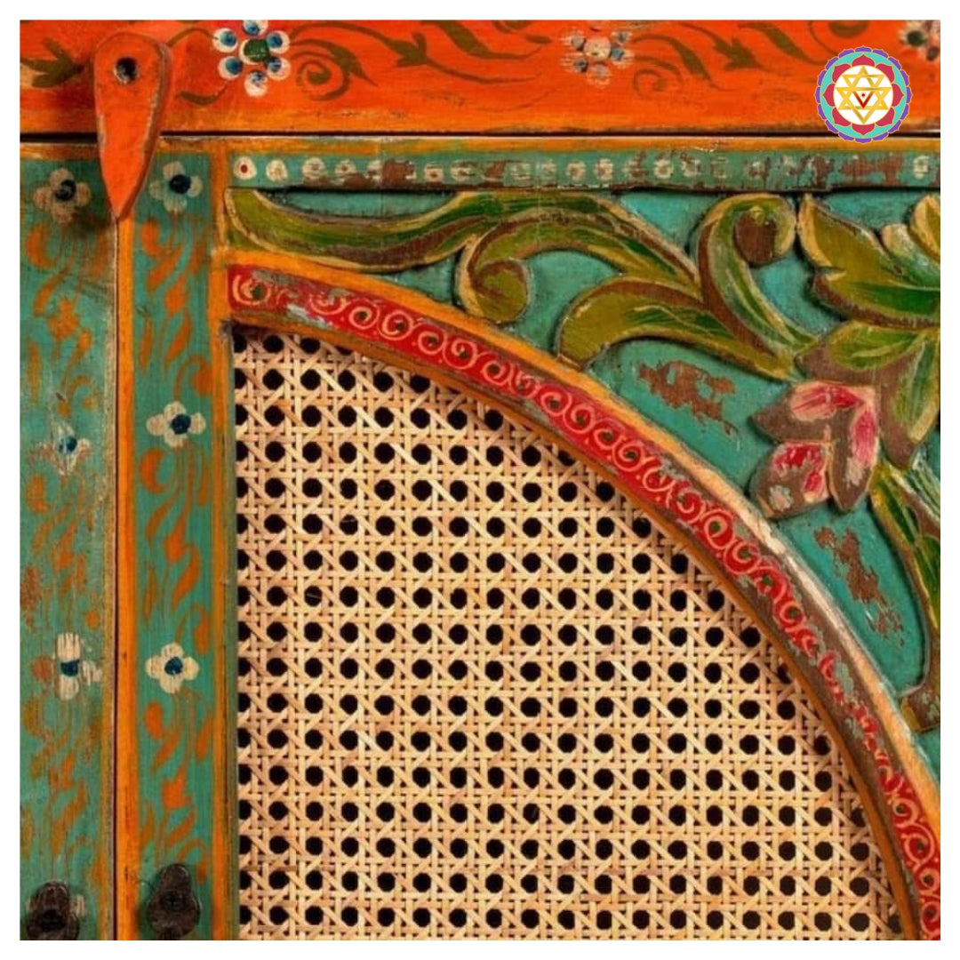 Hand-painted Wooden Sideboard/cabinet with Rattan work.