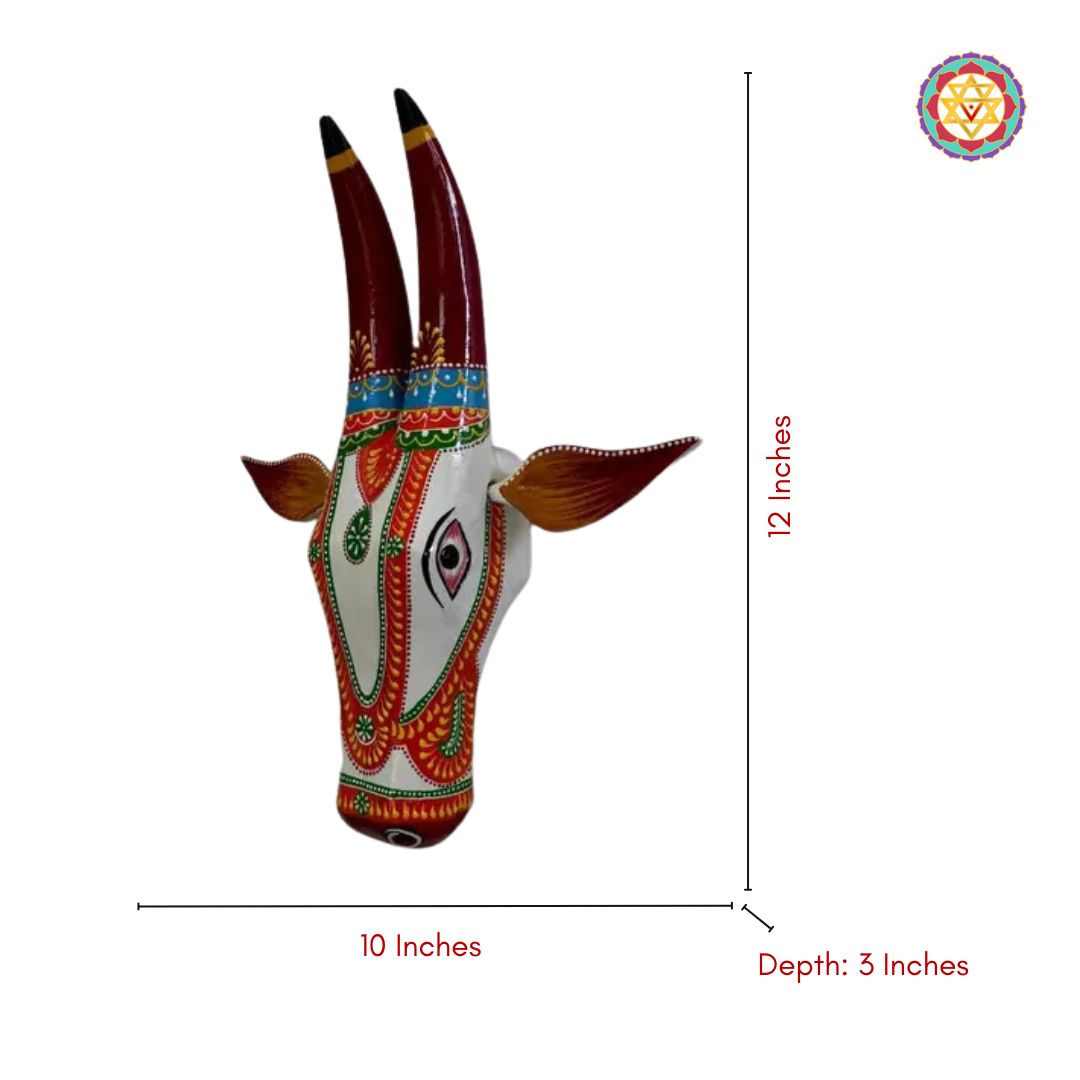 Decorative hand-painted wooden wall-mounted cow head for pooja room decor