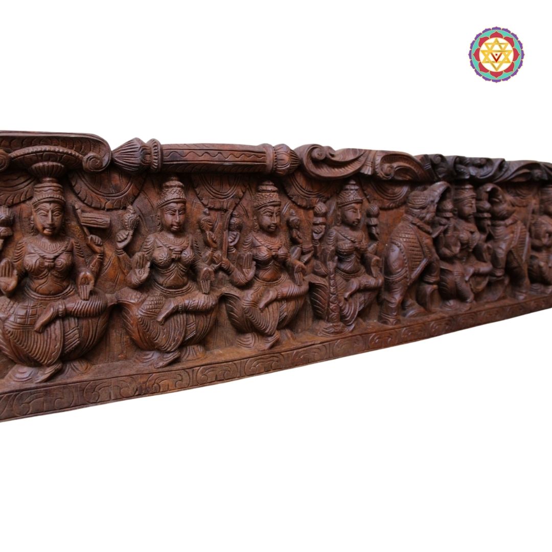ashtalakshmi panel angled view highlighting carved goddess forms