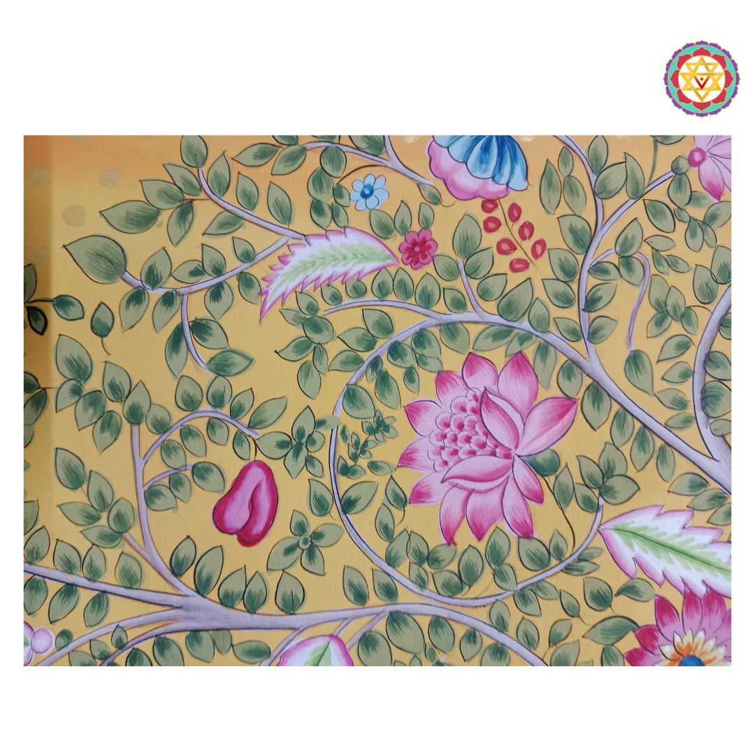 hand-drawn pichwai elements featuring kamdhenu and sacred tree