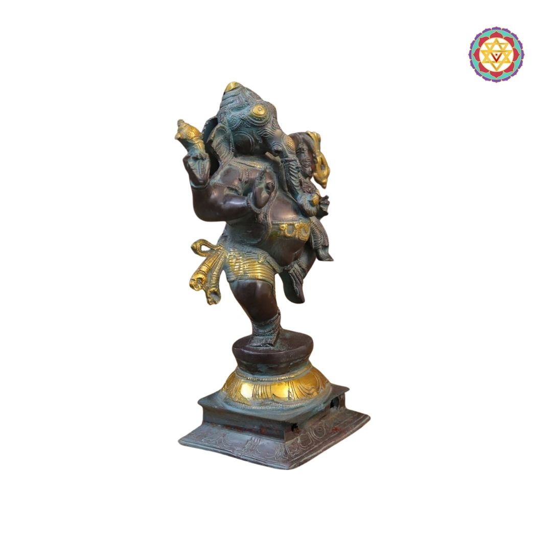Brass Dancing Ganesh Idol – Vintage Black Patina with Golden Grace (11”)