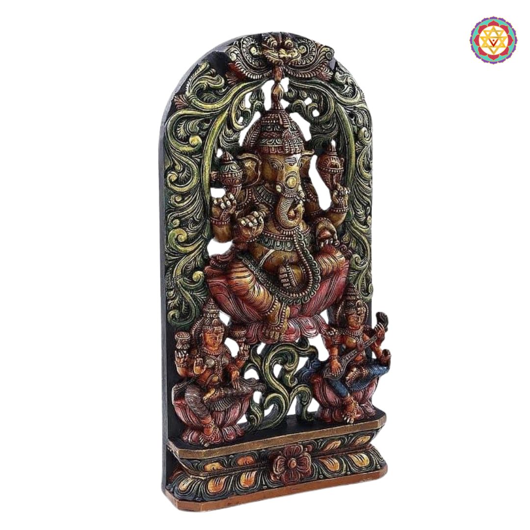 Woodcarved Ganesh statue with Goddess Laxmi & Saraswati.