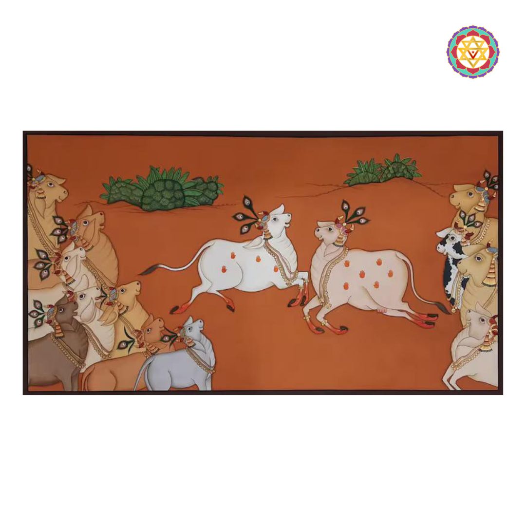 Artistic detail of cows with leafy accents in vintage pichwai painting.