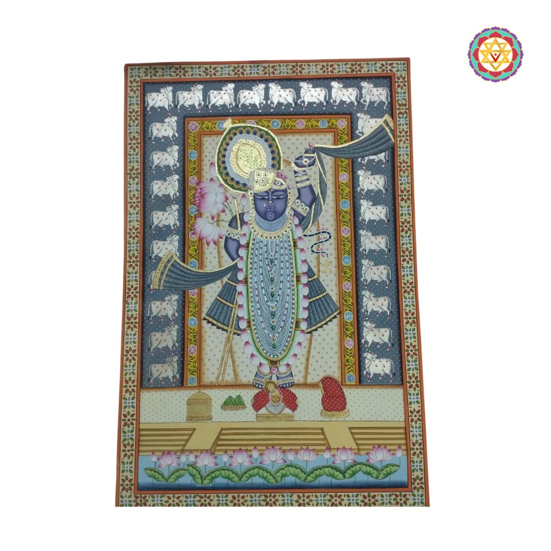 close-up of Shrinathji detailing showing expressive Pichwai brushwork