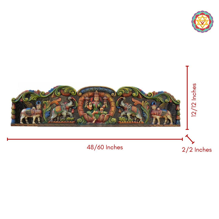Decorative wall art with intricate designs and measurements on a white background. Dimension view of multicolour carved Gajalaxmi wooden wall panel