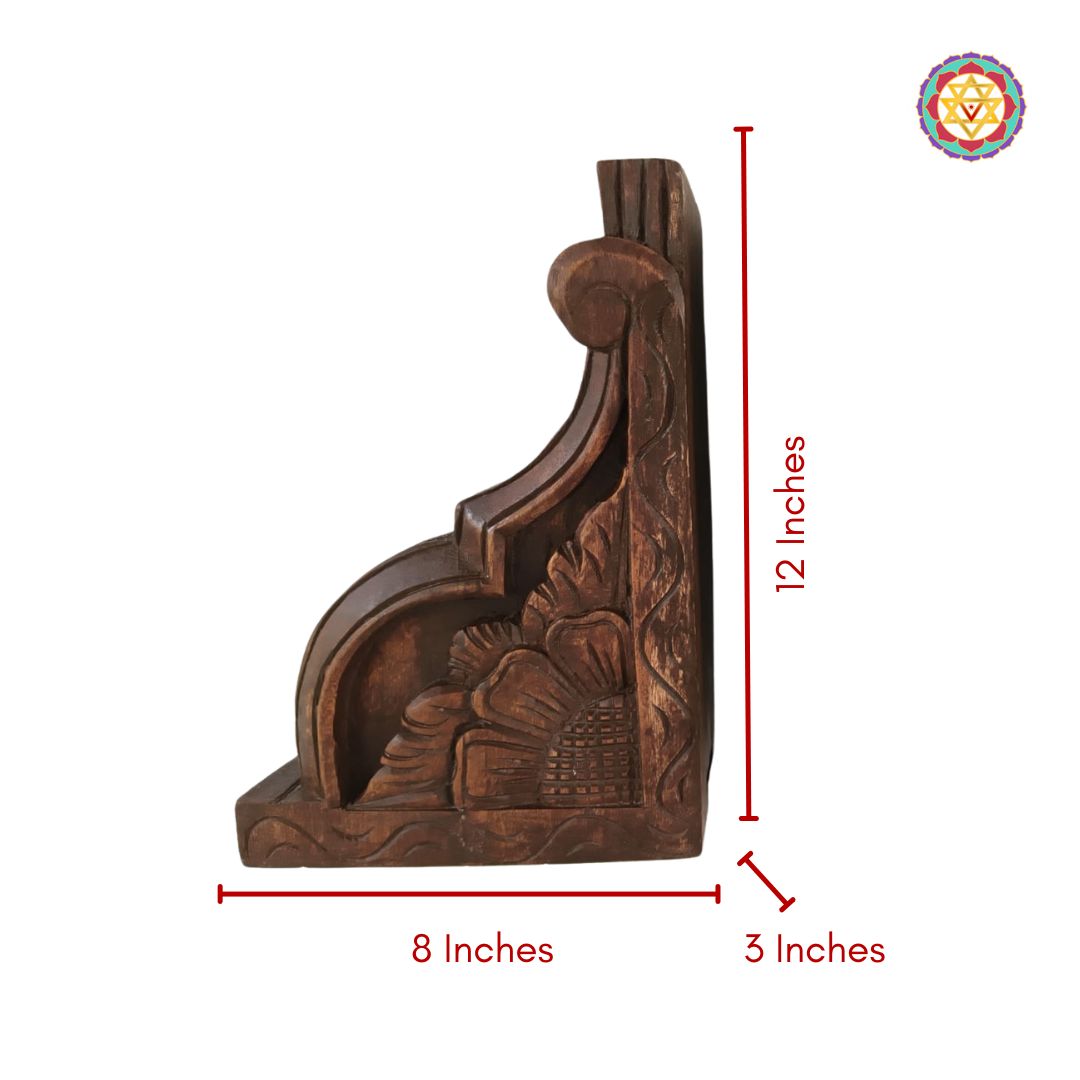 Wooden decorative bracket with measurements on a white background
