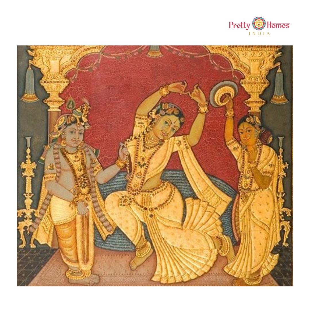 Vintage finish  Dancing Radha with Krishna & Gopikas Tanjore in Real Gold