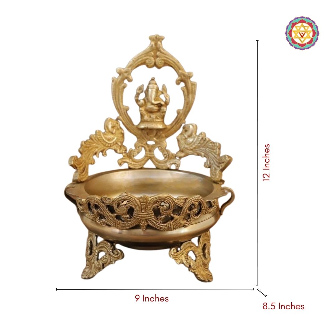 Brass Ganesh Urli – 12 Inch with Fine Golden Finish | Elegant Spiritual Decor for Home, Temple, and Office