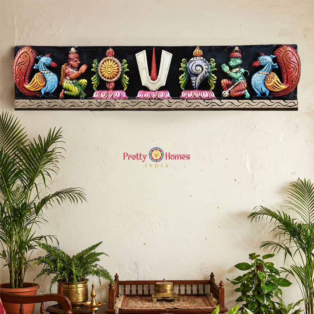 Horizontal hand-carved wooden wall panel with heritage temple design motifs