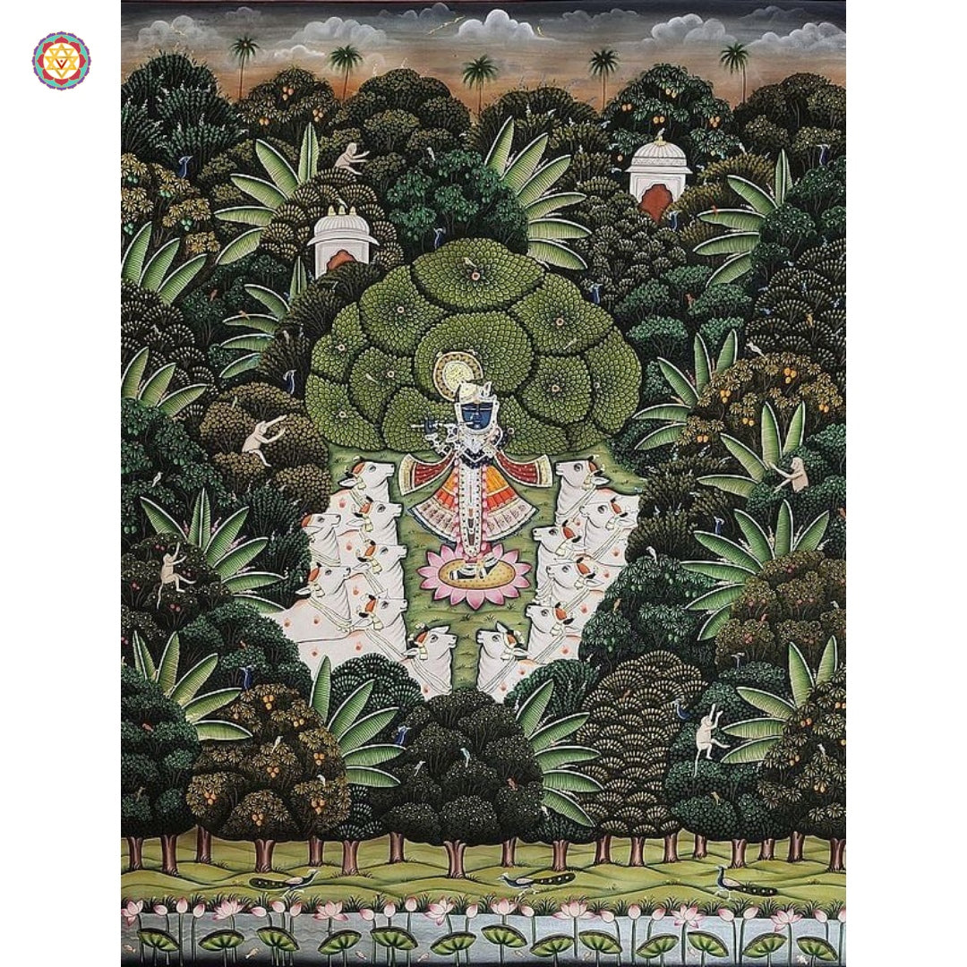 Angled view of Pichwai — handmade devotional scene featuring Krishna, nature, and sacred motifs in antique color palette