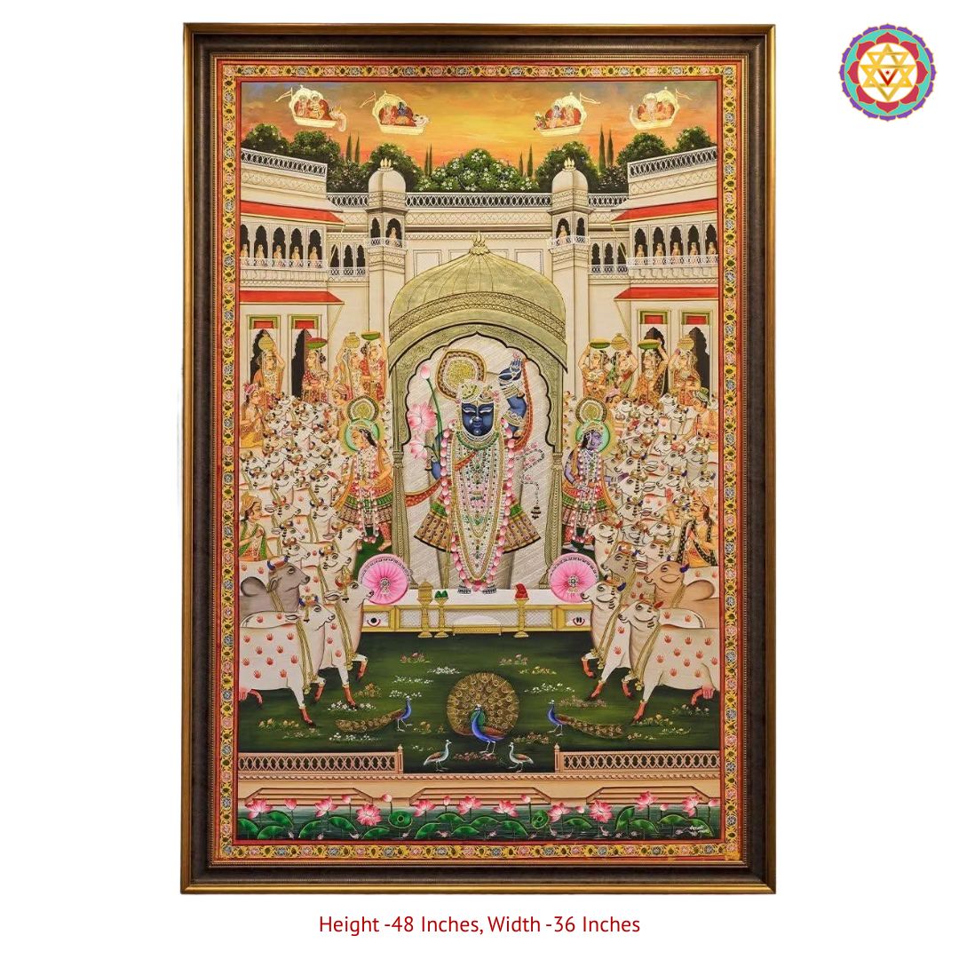 horizontal handpainted pichwai krishna playing flute in forest setting full artwork showing Krishna in a lush forest with lotuses and peacocks