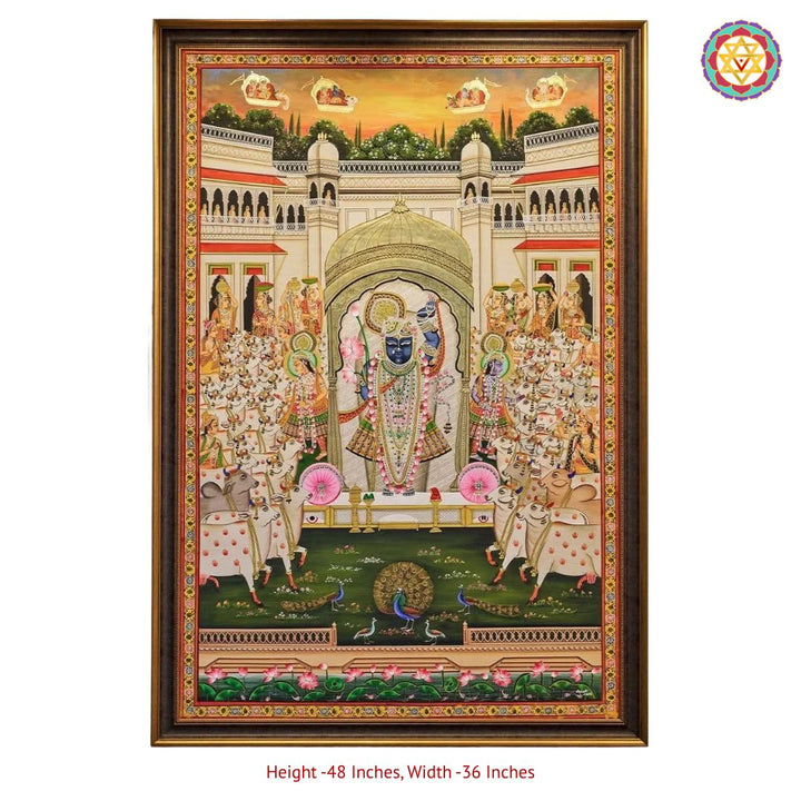 horizontal handpainted pichwai krishna playing flute in forest setting full artwork showing Krishna in a lush forest with lotuses and peacocks