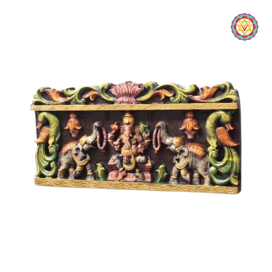 Intricately Handcarved Gajaganesh with Gopuram – Divine Horizontal Panel