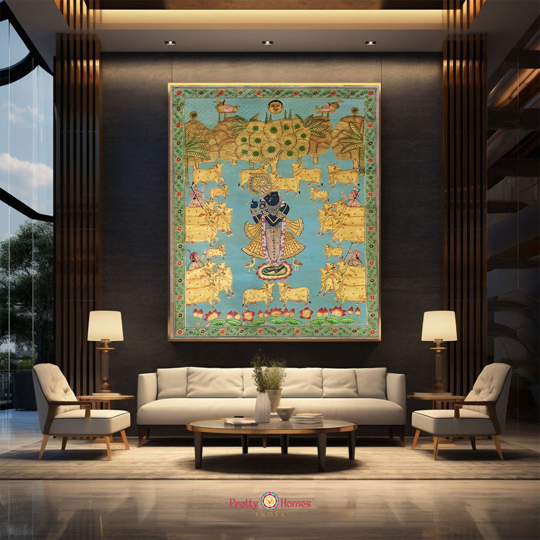 Hand-painted antique style pichwai of Krishna and cows, Gopasthami theme.