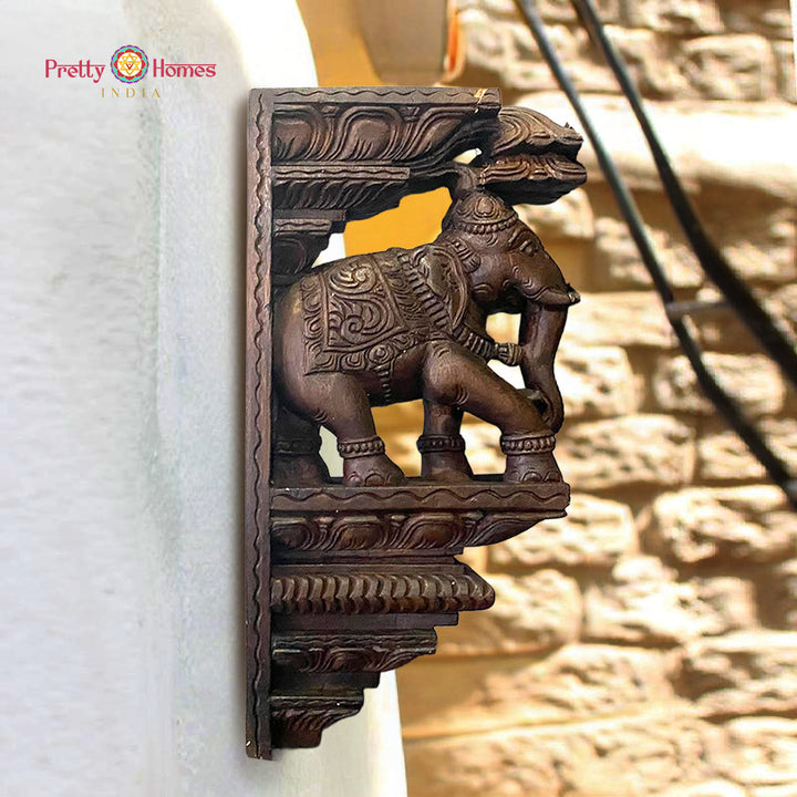 Hand carved wooden elephant decor wall bracket corbel