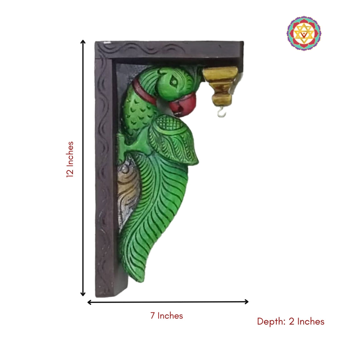 Detailed view of wooden parrot bracket showing fine craftsmanship and antique-style finish
