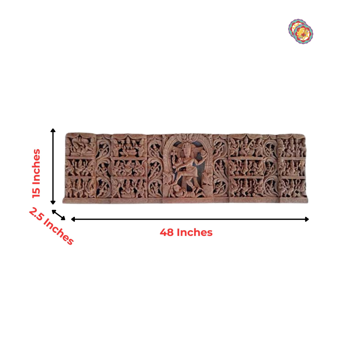 Traditional carved wood wall panel – mythological relief featuring multiple deities for pooja decor.