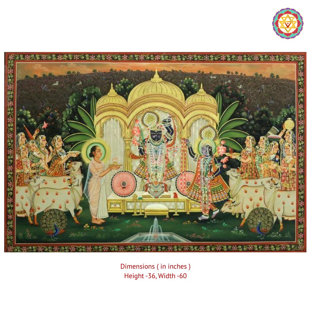 Handpainted Shrinathji pichwai artwork showing evening arti scene