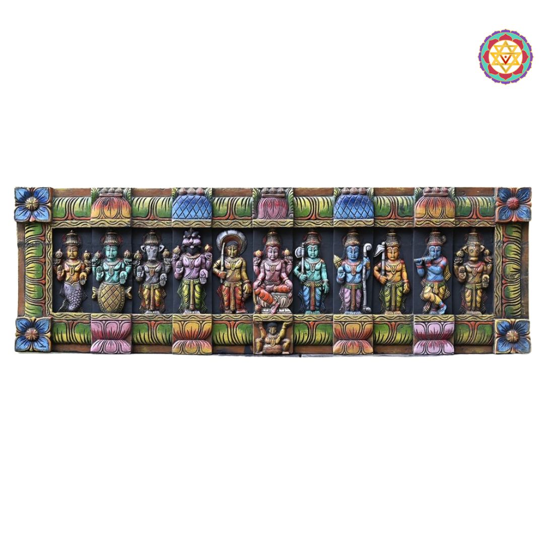 Detailed carvings of Dashavatara on traditional wooden panel