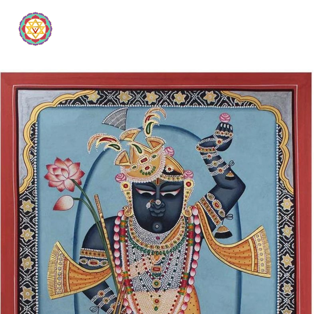 Ornate Pichwai artwork depicting Krishna’s devotion with peacock and lotus floral arrangements