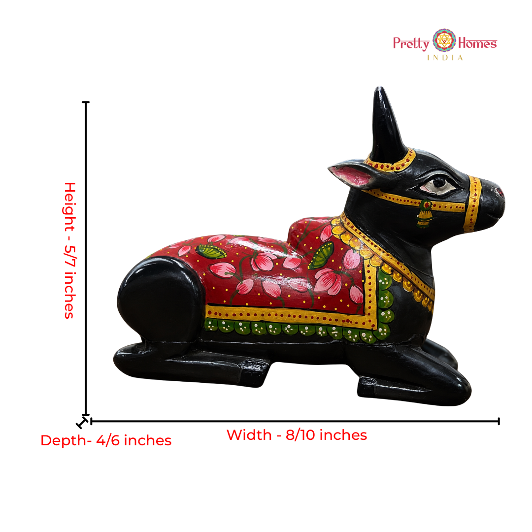 Handpainted Wooden Black Nandi with Red lotus Motifs