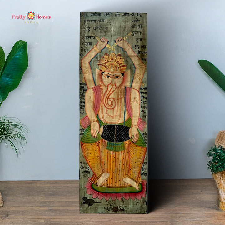 Wooden Handpainted Vintage-Style Dancing Ganesha Panel – Collectible Decorative Wall Art