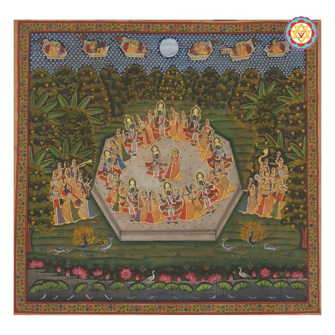 full framed raas leela pichwai artwork showing traditional motifs and warm antique finish