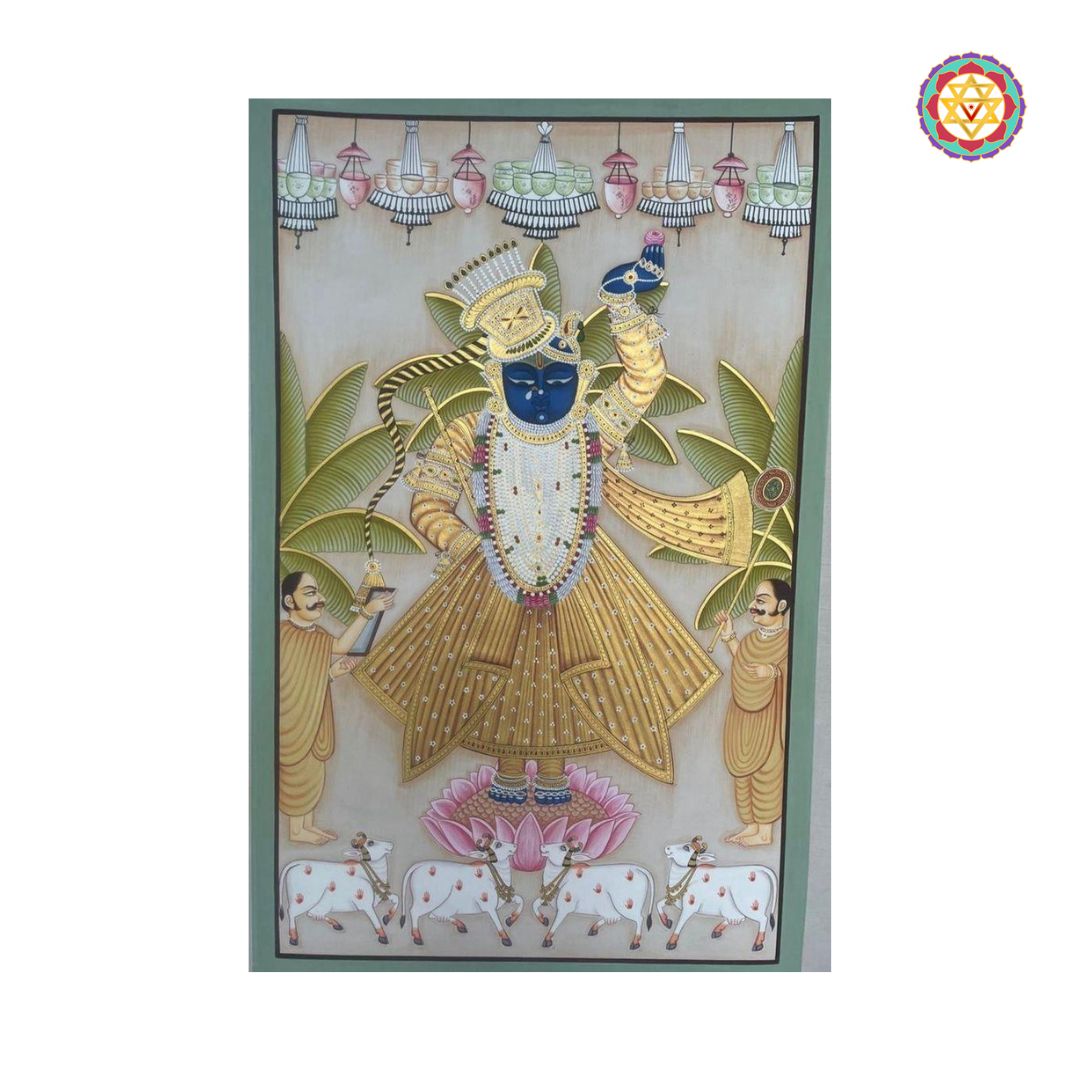vintage-style hand-painted shrinathji darshan pichwai depicting deity in temple setting with traditional motifs and muted tones