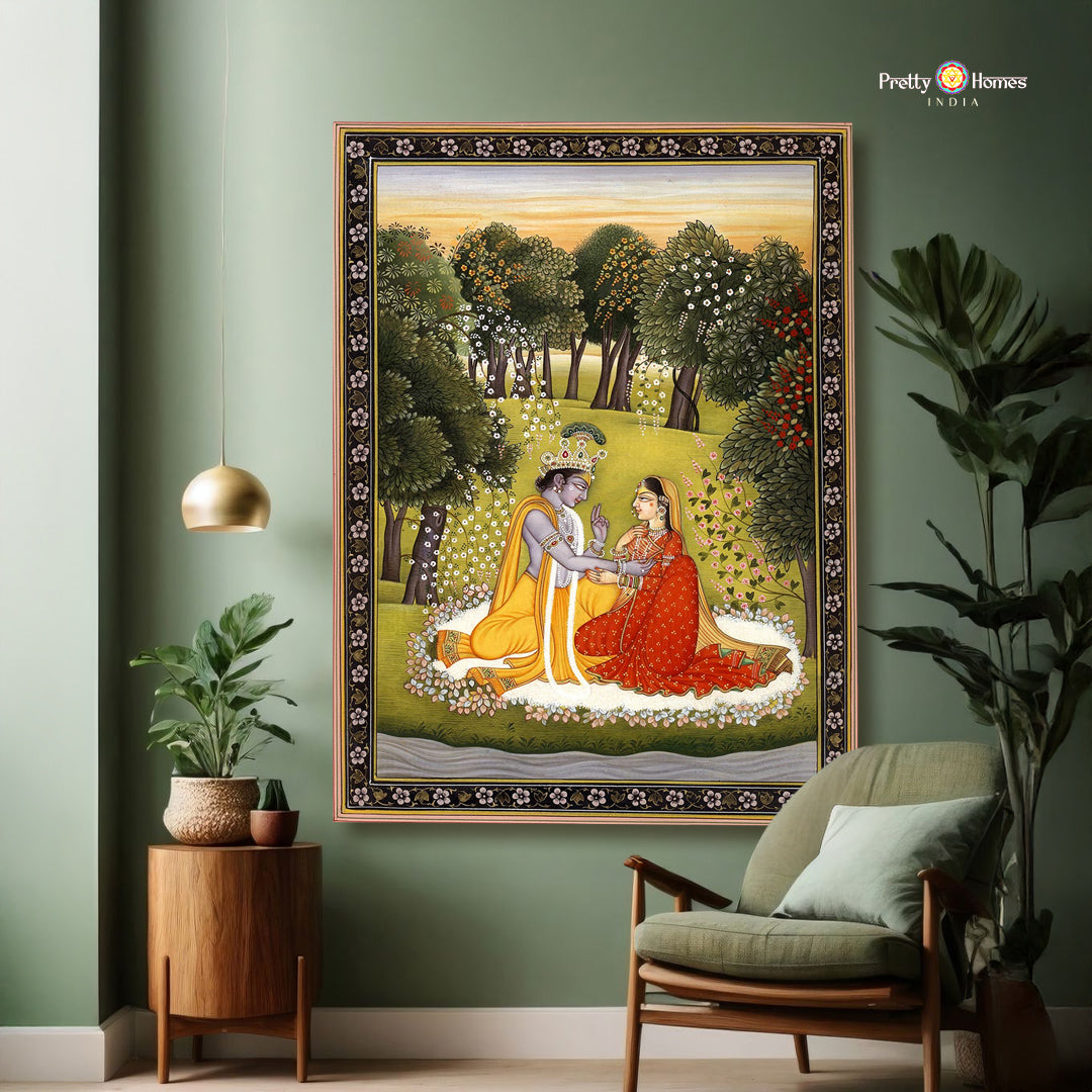 Radha Krishna Pichwai garden scene full view with Radha and Krishna among trees and lotus