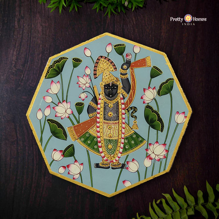 Hexagonal Pichwai -handpainted wall plate -shrinathji with lotuses