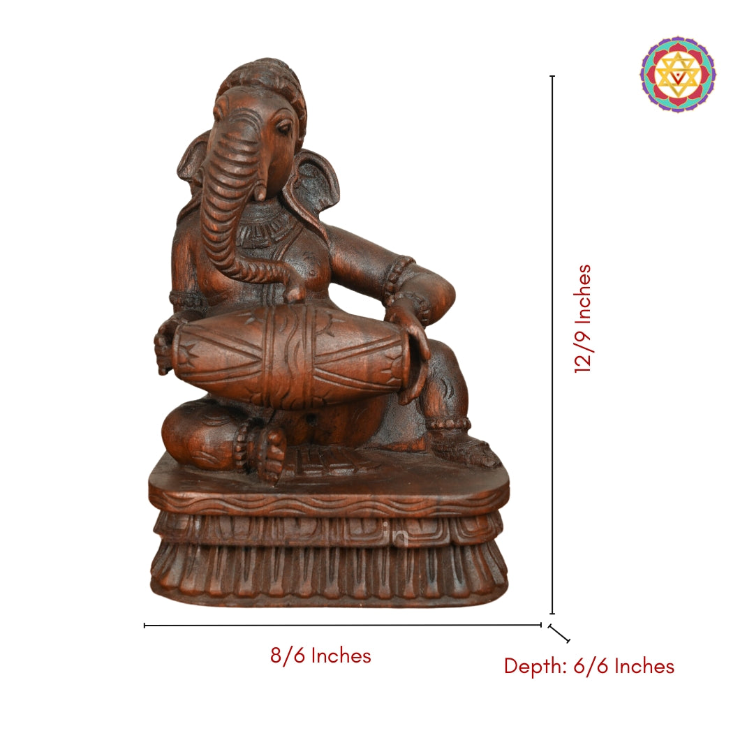 Woodcarved Ganesha Statue/Sculpture ,Playing Musical instruments (Single)