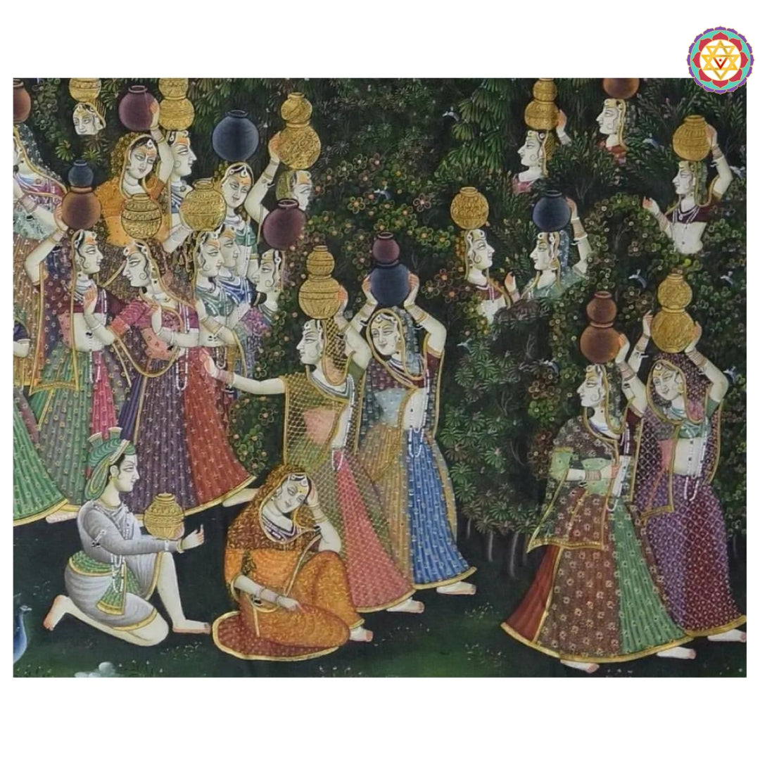 Painted gopikas in colorful attire depicted in traditional Shreenathji Pichwai format.