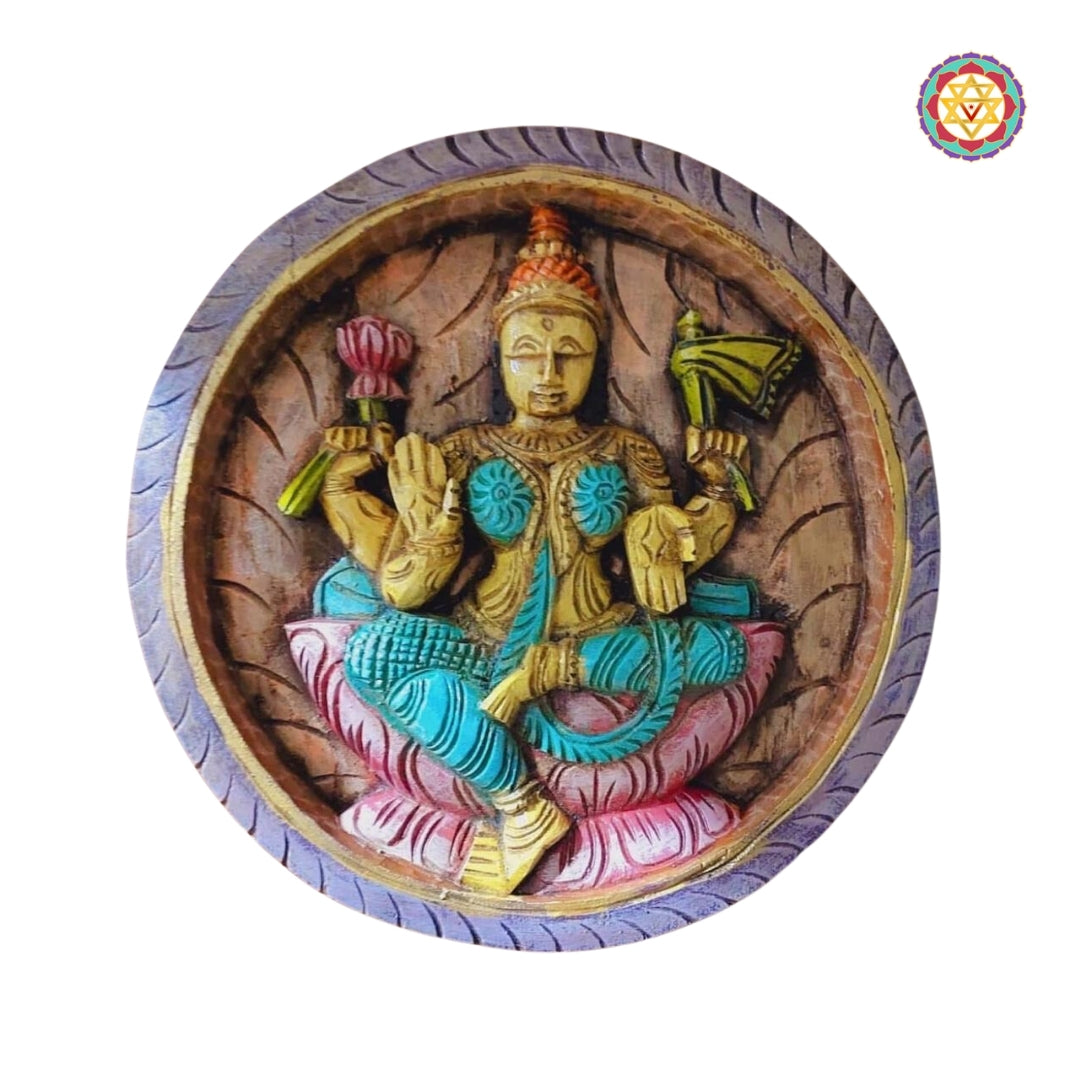 Dhanya Lakshmi wooden panel with grain and food symbols, seated on lotus in multicolour finish


