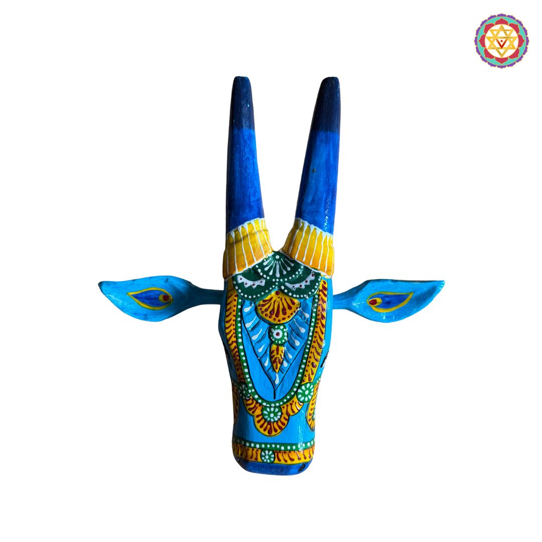 Aesthetic blue Nandi cow head handpainted wooden wall decor