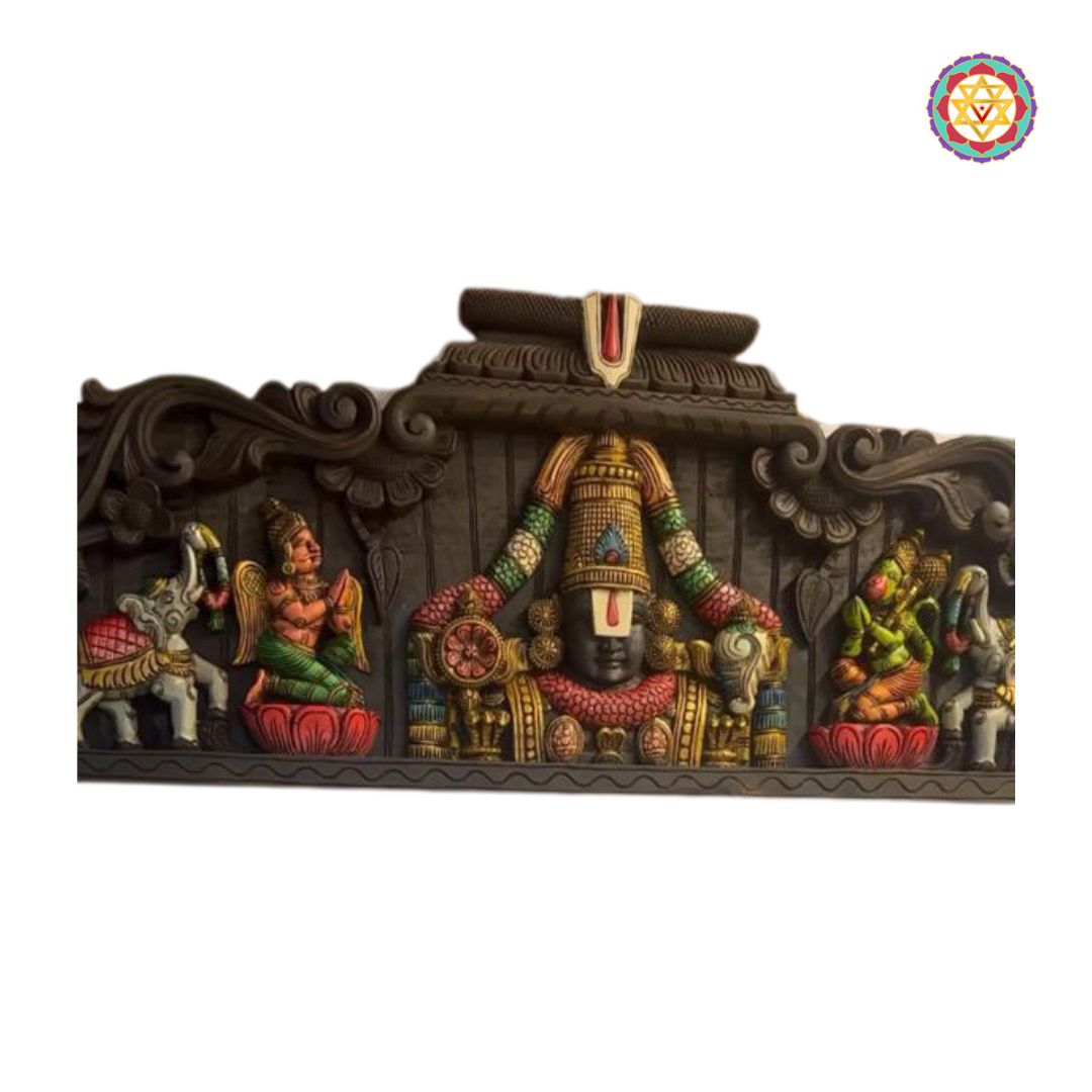 Decorative wall art with colorful figures on a white background - Side view of carved wooden panel showing multicolour finish